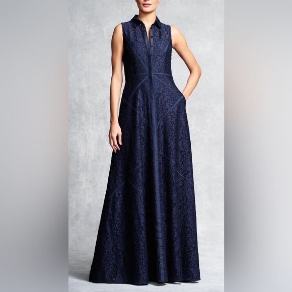 Aidan Mattox Dresses & Skirts - Aidan Mattox sz 4 twilight blue floor length lace gown dress buttons collar $700